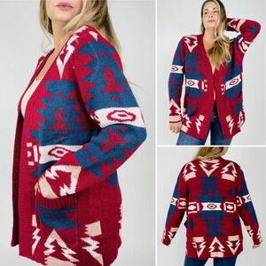 NWT Davi & Dani Taos in the Fall‎ Cardigan LARGE Aztec Wine Pockets Open Front